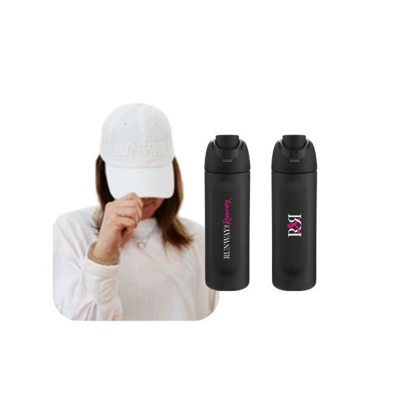 Runway white hat and black water bottles